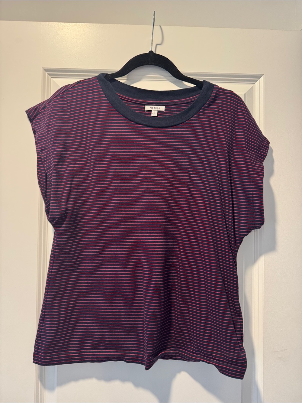 pistola Burgundy Tee with Pink Micro Stripes and Navy Trim